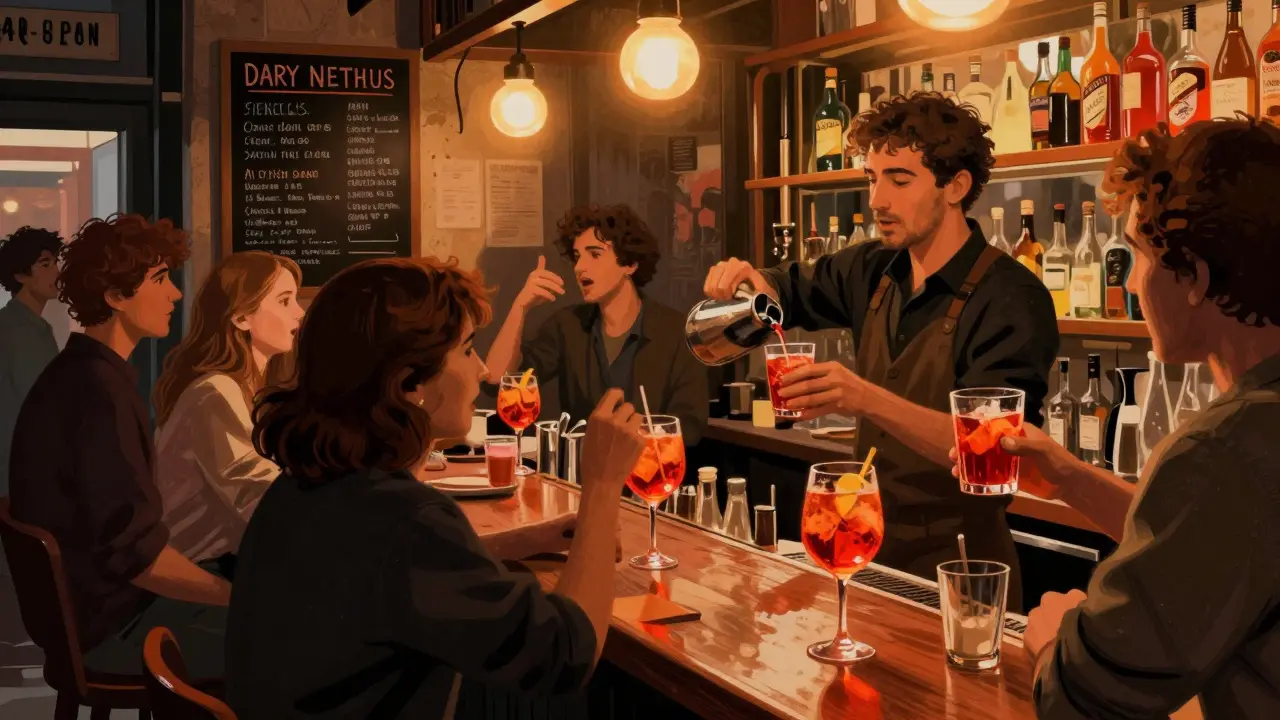 Crowded Soho bar counter with vibrant cocktails and lively patrons in casual attire.