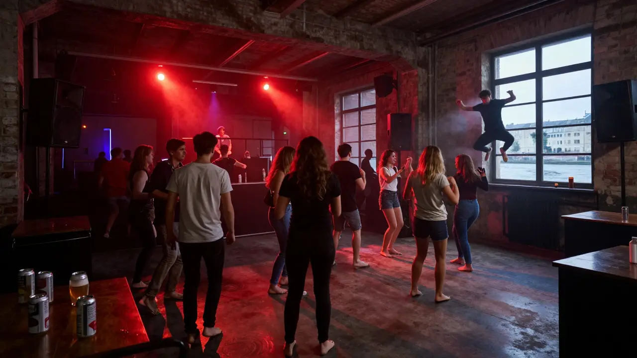 Dancers in an industrial warehouse club under red strobe lights as dawn breaks over the canal.
