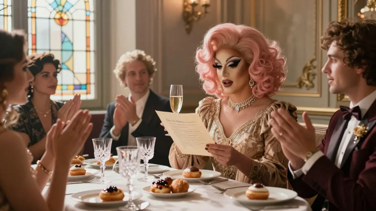 Drag queen performing poetry at a quiet brunch with patrons in elegant attire and champagne glasses.