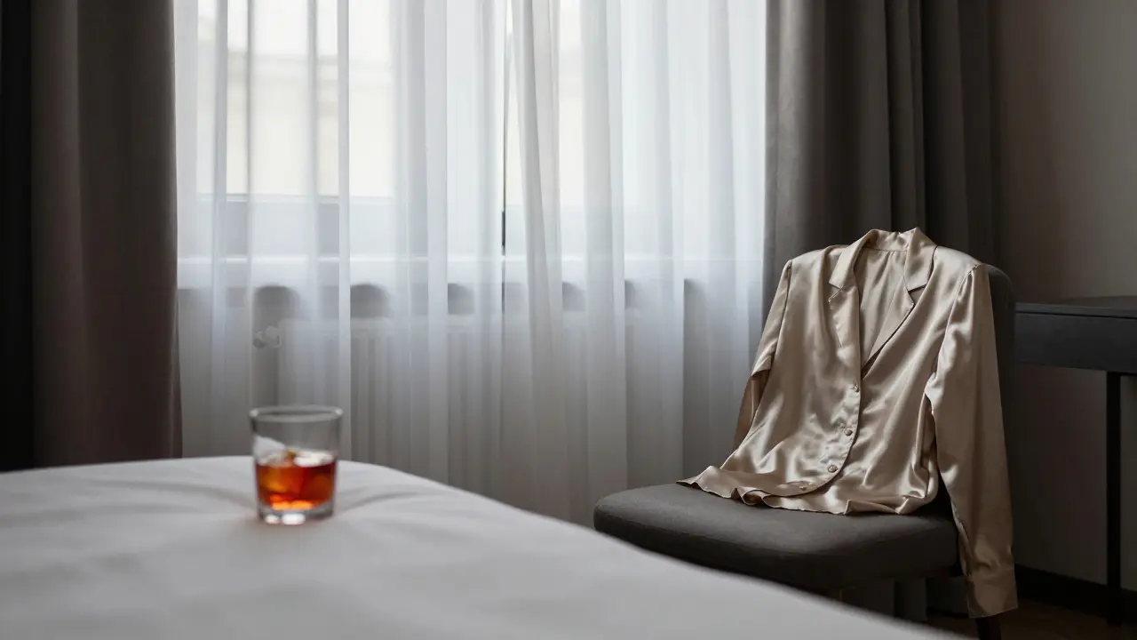 Empty boutique hotel suite with silk blouse and Negroni glass.