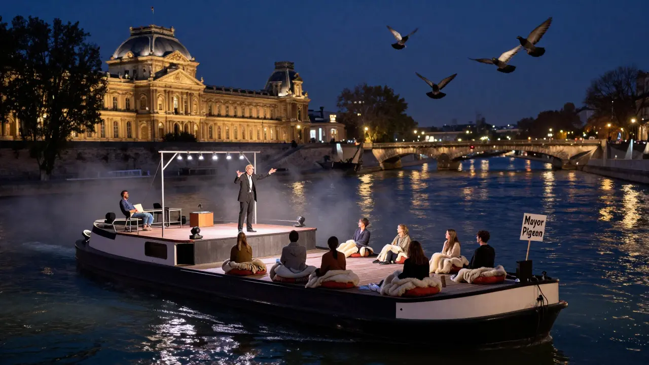 Floating comedy barge on the Seine at night, audience on cushions with city lights reflecting on water.