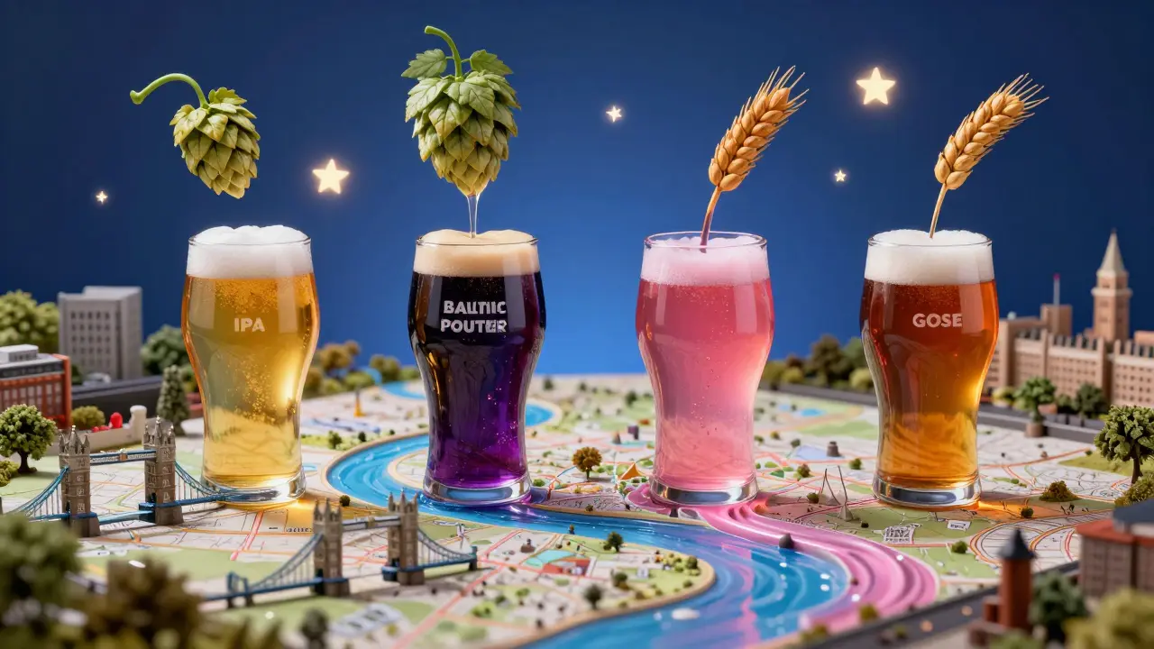Four craft beer flights transforming into rivers flowing across a surreal map of London under starry hops.