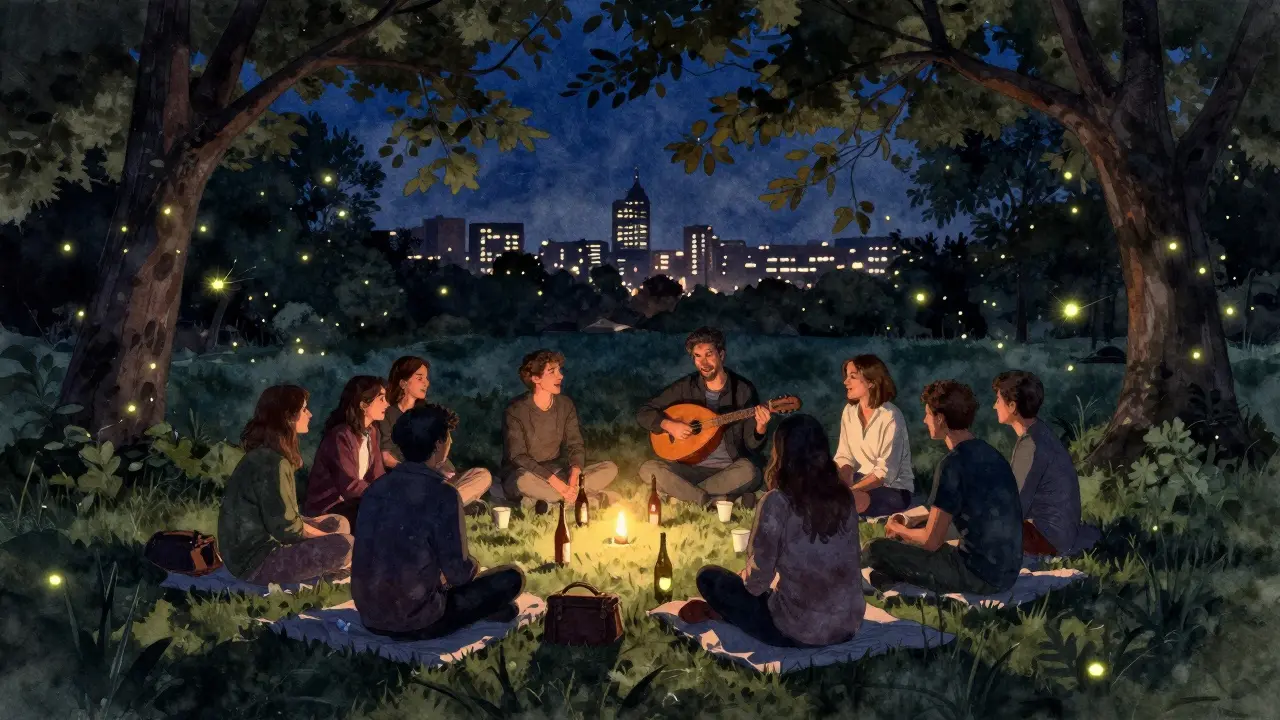 Friends gathered in a park at night sharing music and wine under trees