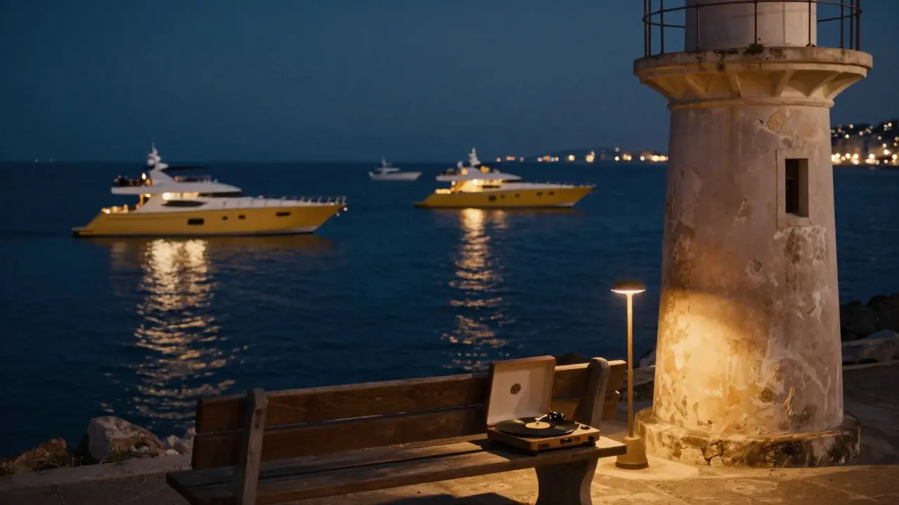 Glowing yachts reflected on dark water at Port Hercules under a quiet night sky.
