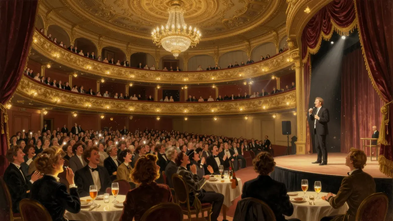 Grand historic hall filled with laughing audience, comedian on stage under golden lights.