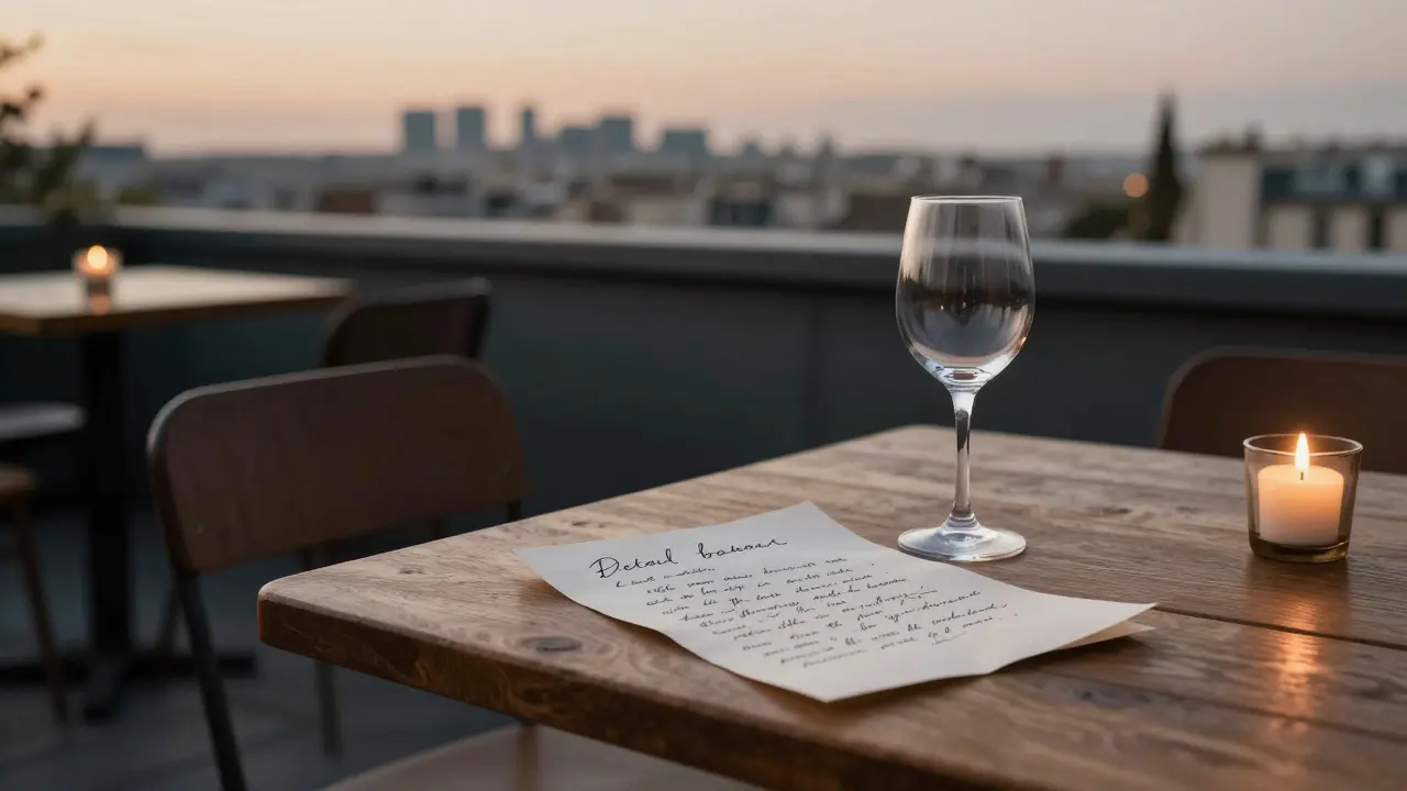 Handwritten note beside an empty wine glass on a wooden table, Paris skyline glowing softly in distance.