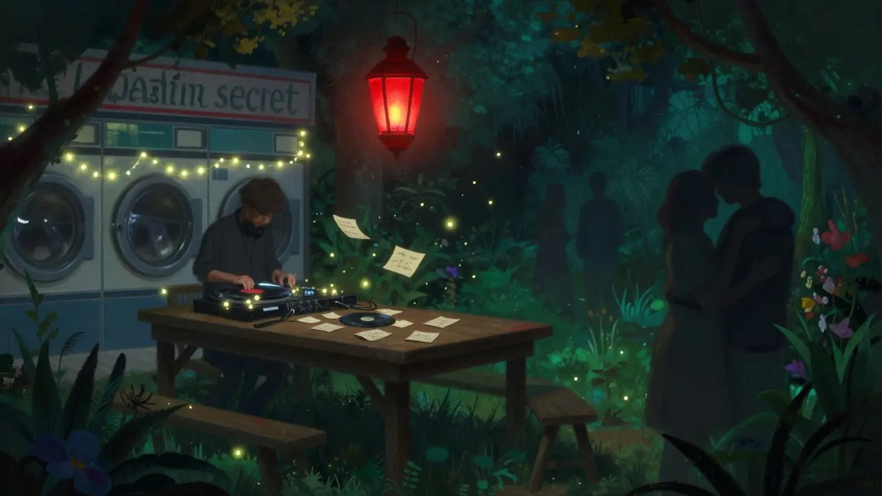 Hidden garden with a red lantern and floating notes, trans DJ spinning vinyl under fairy lights at night.