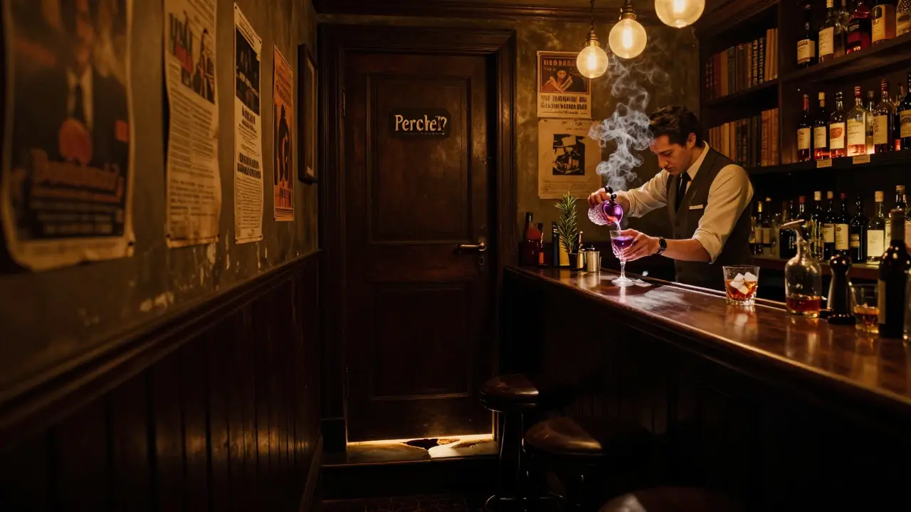 Hidden speakeasy bar Perché No? with bartender pouring a craft cocktail in dim, intimate light.