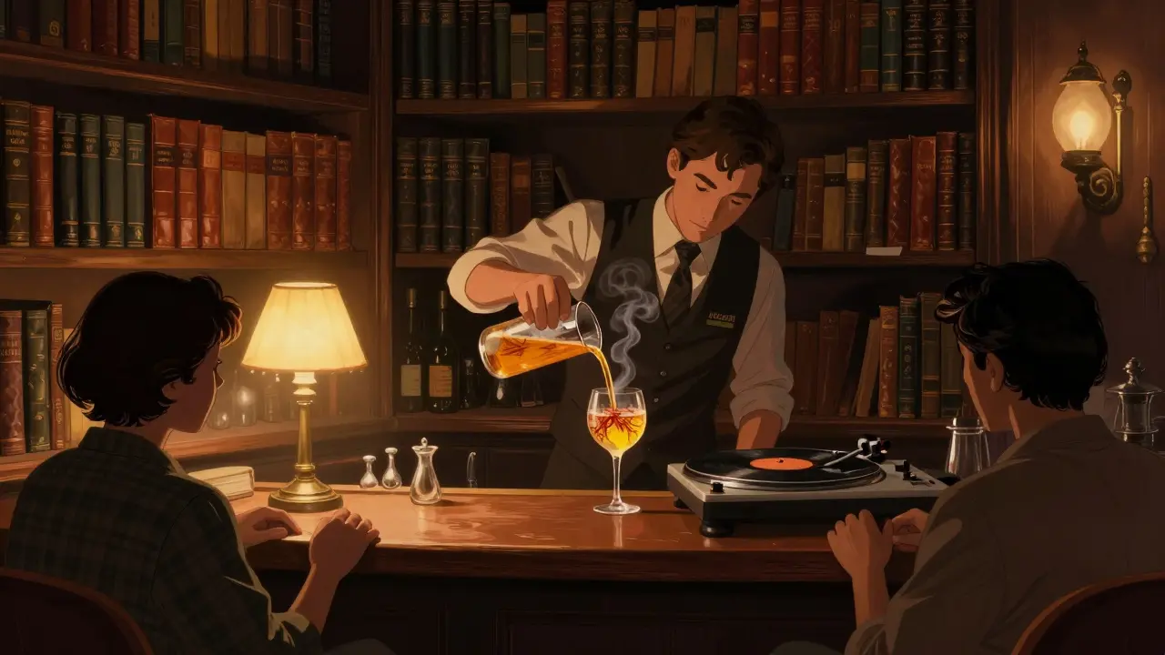 Hidden speakeasy behind bookshelves with smoke rising from a craft cocktail.