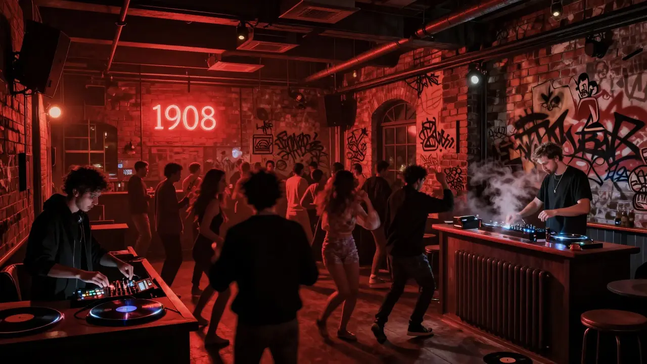 Industrial underground club Bar 1908 with dancers under red lights, exposed brick walls, and a DJ booth glowing in the shadows.