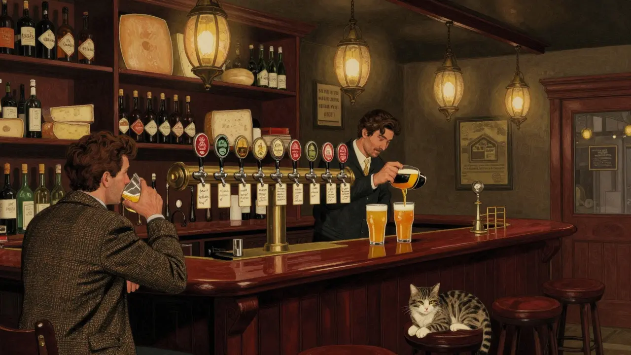 Interior of The Rake pub with wooden bar, rotating tap handles, and a bartender pouring a hazy IPA.