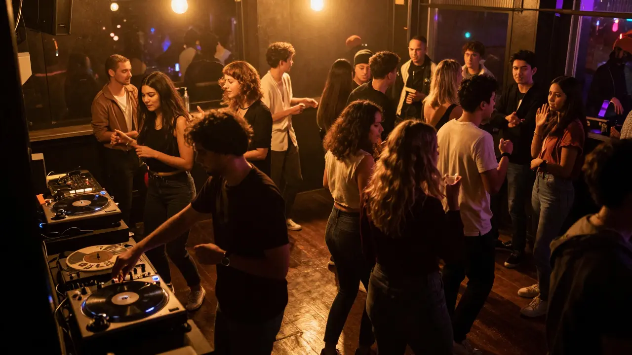 Intimate dance floor with diverse people moving to soulful house music, vinyl turntable in corner, warm ambient lighting.