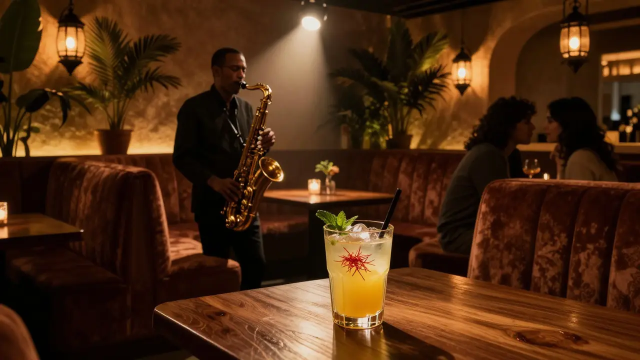 Intimate jazz lounge with a saxophonist playing under a spotlight, a saffron mojito on the table.