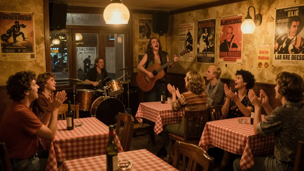 Live band playing rock music in a cozy 1970s-style Parisian bistro as patrons sing along with passion.