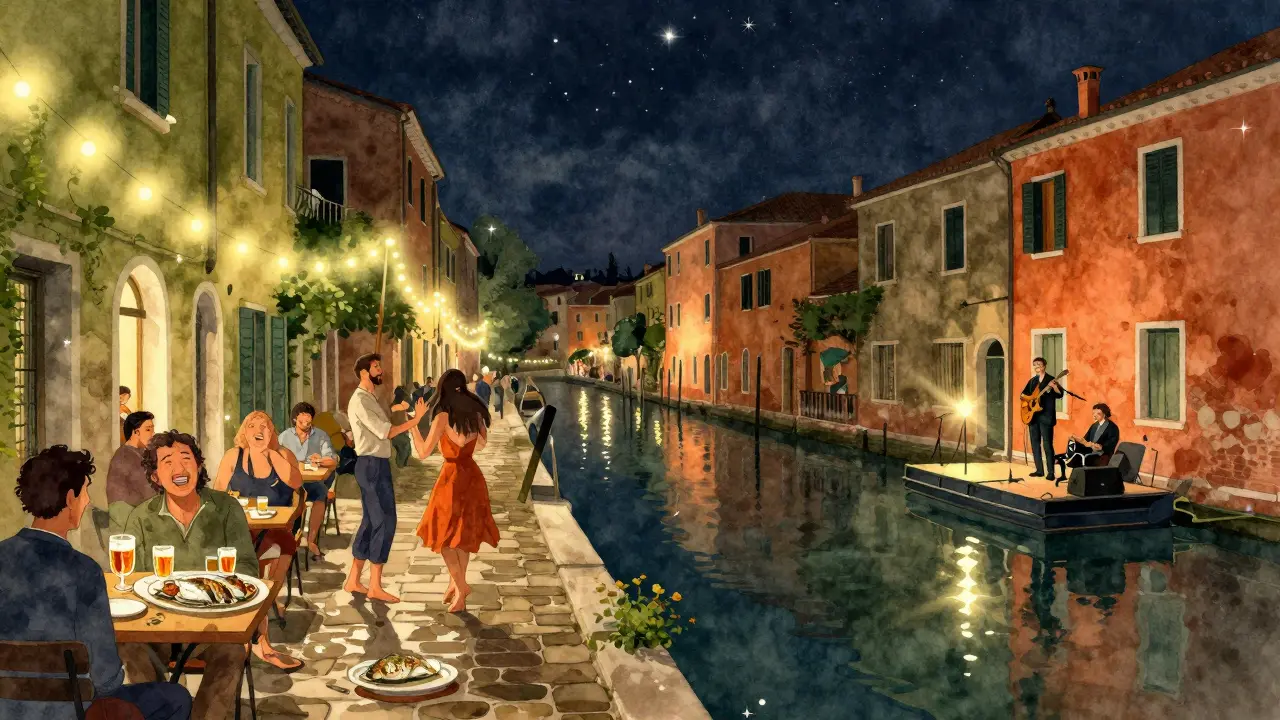 Locals dancing barefoot by Navigli's canals at night, string lights reflecting on water and live music in the air.