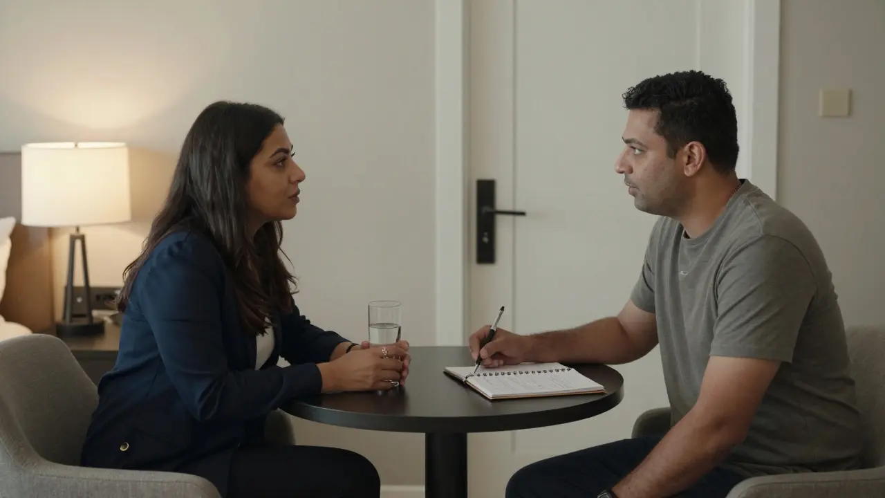 Man and woman having a calm, respectful conversation in a hotel room with a notepad on the table.