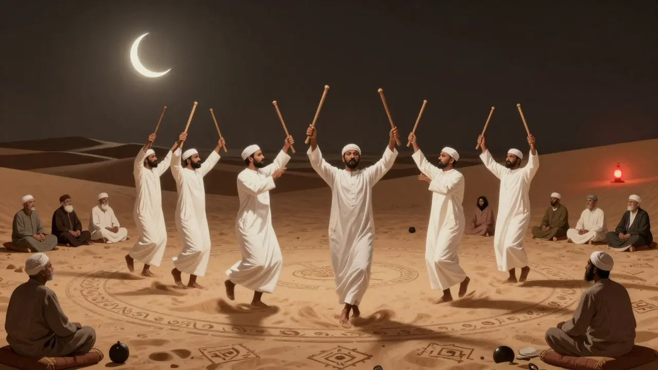 Men in white thobes perform Ayyala dance under the stars, locals and visitors sitting quietly in reverence.