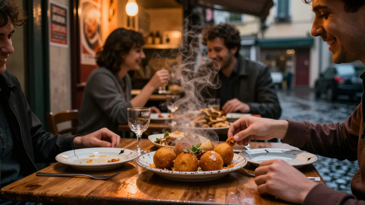 Midnight meal at a tiny trattoria with steaming arancini and strangers sharing food and laughter.