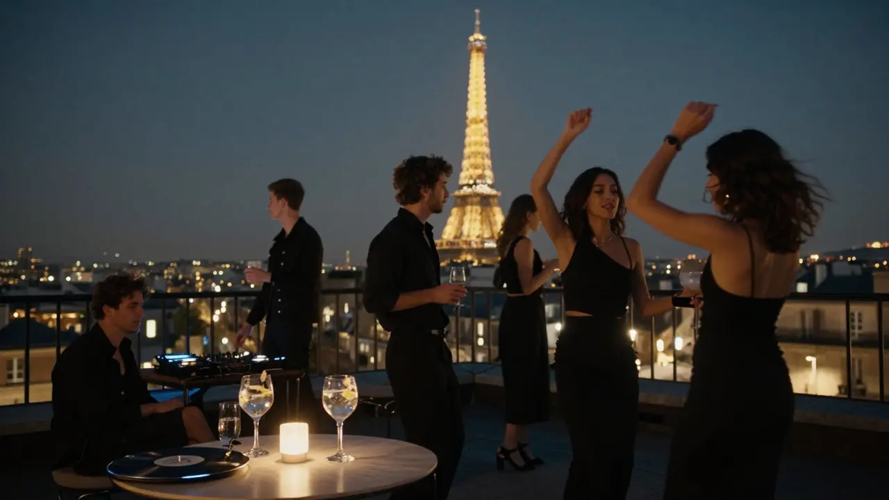 People dancing on a Paris rooftop at night with the Eiffel Tower glowing in the distant skyline.