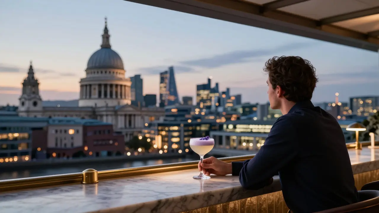 Person sipping a floral cocktail on a rooftop, London skyline glowing behind them at twilight.