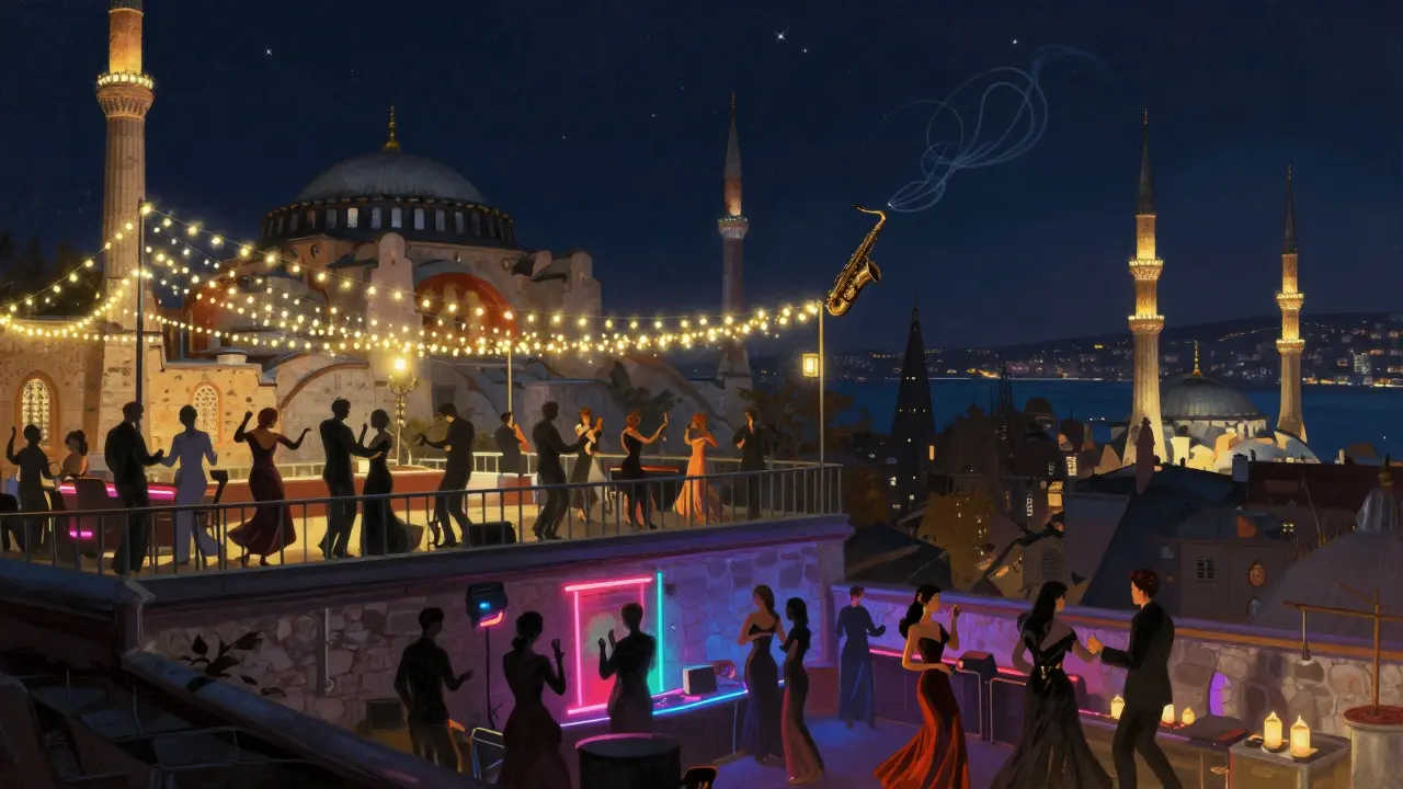 Rooftop club overlooking the Bosphorus with fairy lights and silhouettes dancing under stars.
