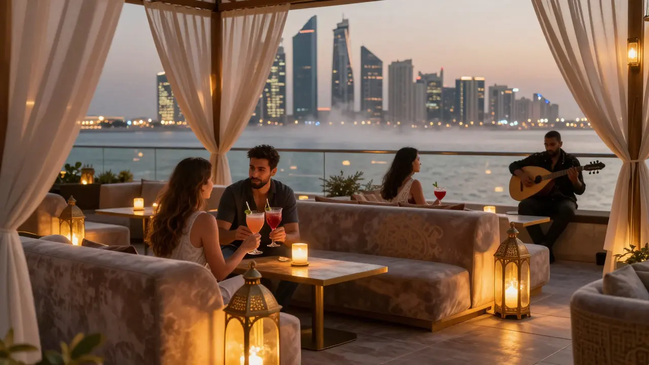 Rooftop lounge with lanterns and skyline reflections at Al Maha