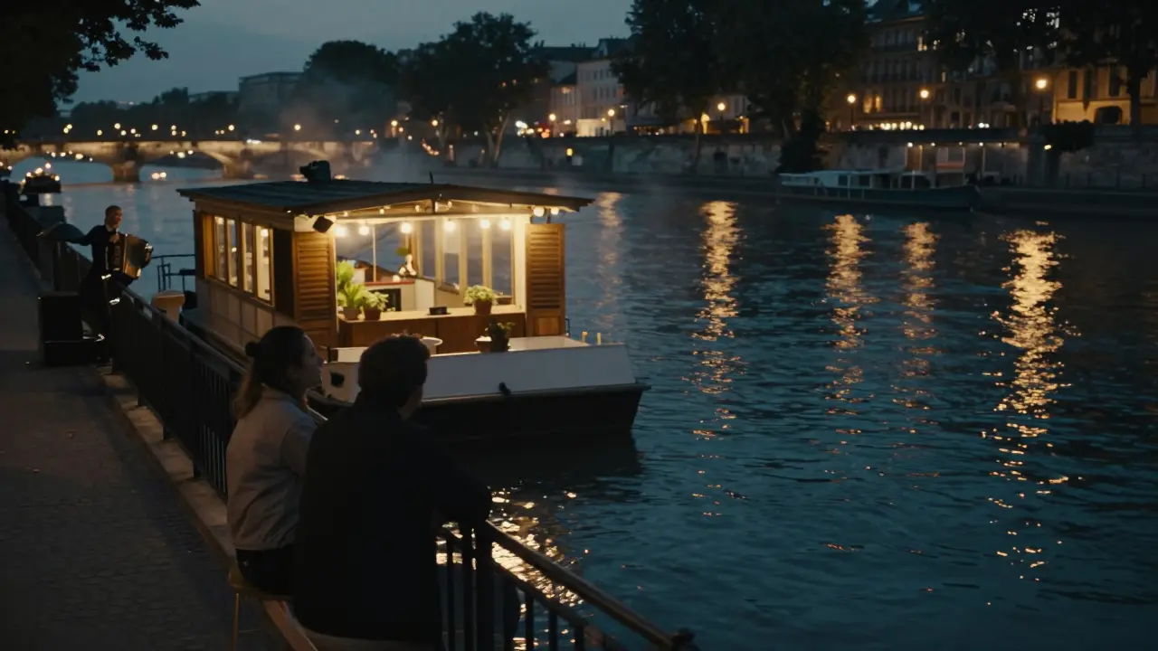 Serene Seine riverside terrace at night, couple watching boats glide by with city lights reflecting on water.