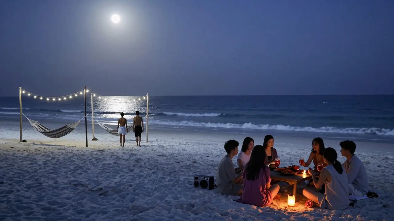 Silhouettes of dancers on a moonlit beach at night, string lights and hammocks above the sand.