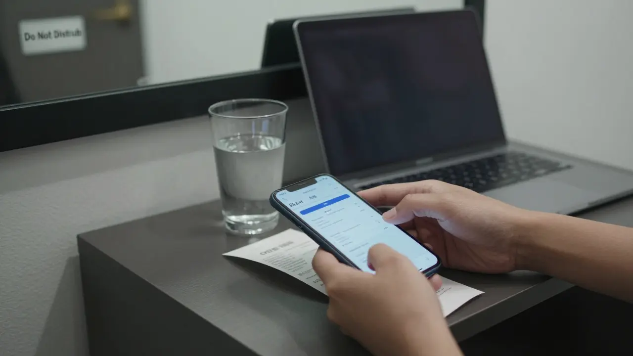 Smartphone and bank receipt on a hotel nightstand, room tidy with no personal items left behind.