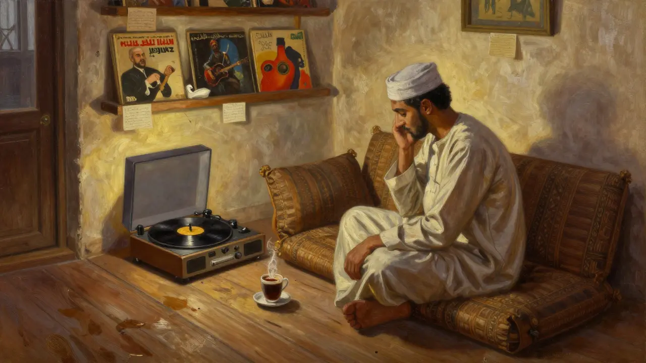 Someone listening to vinyl records in a traditional Emirati villa, warm light, cardamom coffee, and vintage Arabic jazz albums nearby.