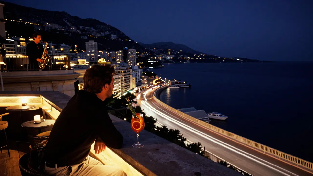 Someone on a rooftop overlooking Monaco's glittering cliffs with a saxophonist playing in the distance.