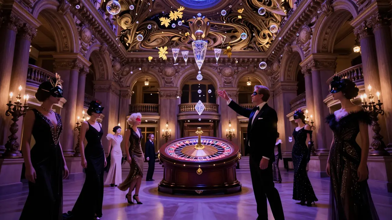 The Casino de Monte-Carlo at midnight transformed into a surreal scene of floating champagne and masked guests.