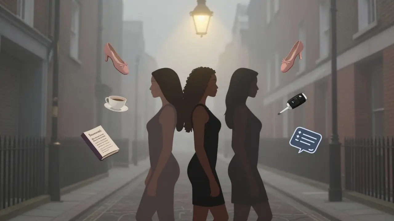 Three abstract figures in a foggy alley, surrounded by symbols of their diverse backgrounds and dignified anonymity.