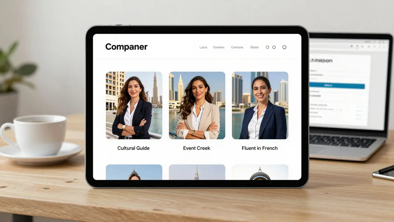 Three professional companion profiles on a tablet, each with tasteful portraits and captions, displayed in a minimalist office.