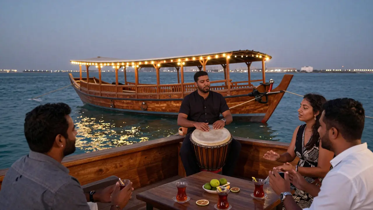 Traditional dhow bar floating at dusk with live music and sea views.