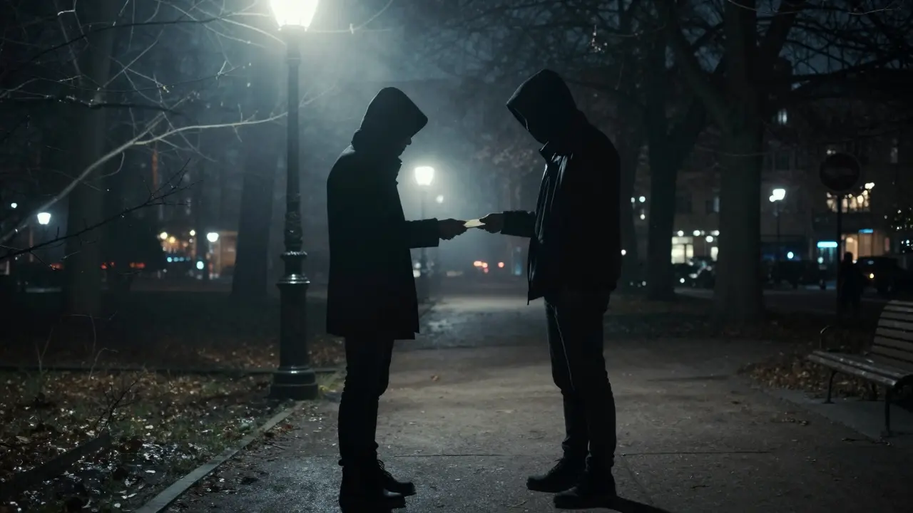 Two anonymous figures meet in a foggy Berlin park at night, exchanging an envelope under a dim streetlamp.