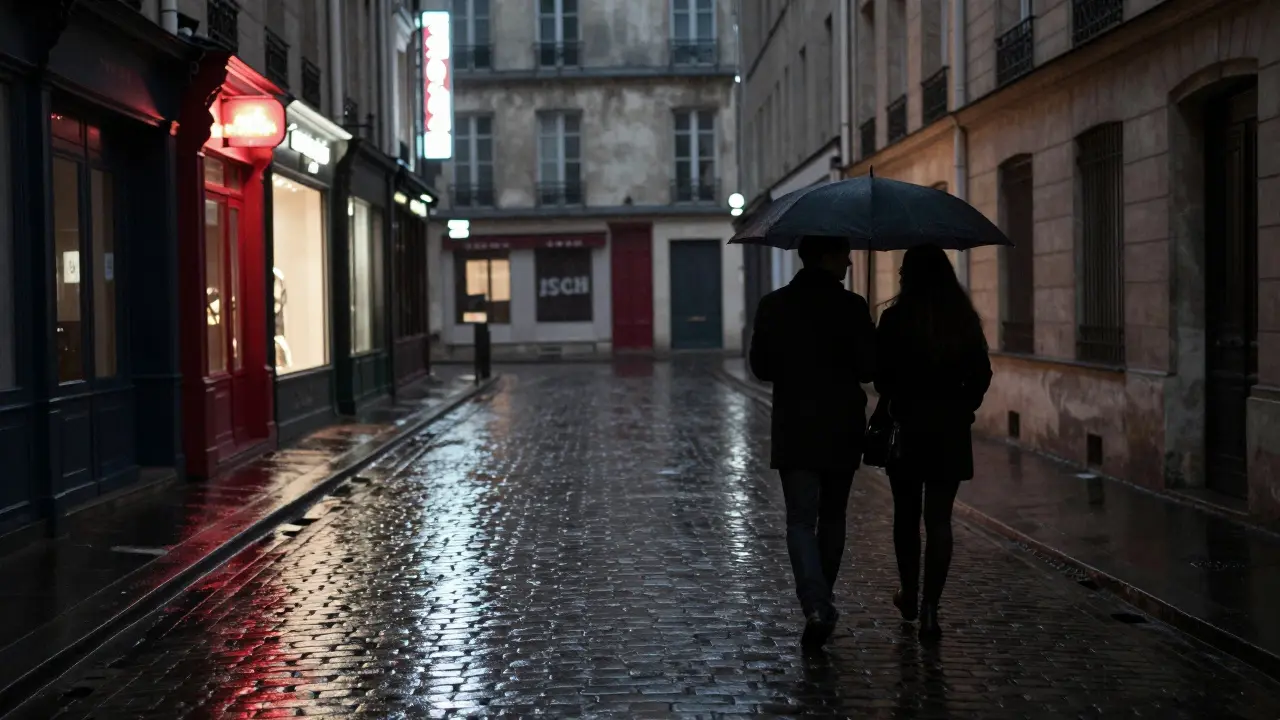 Two figures parting ways on a rainy Paris street at night, umbrella fading into the distance.