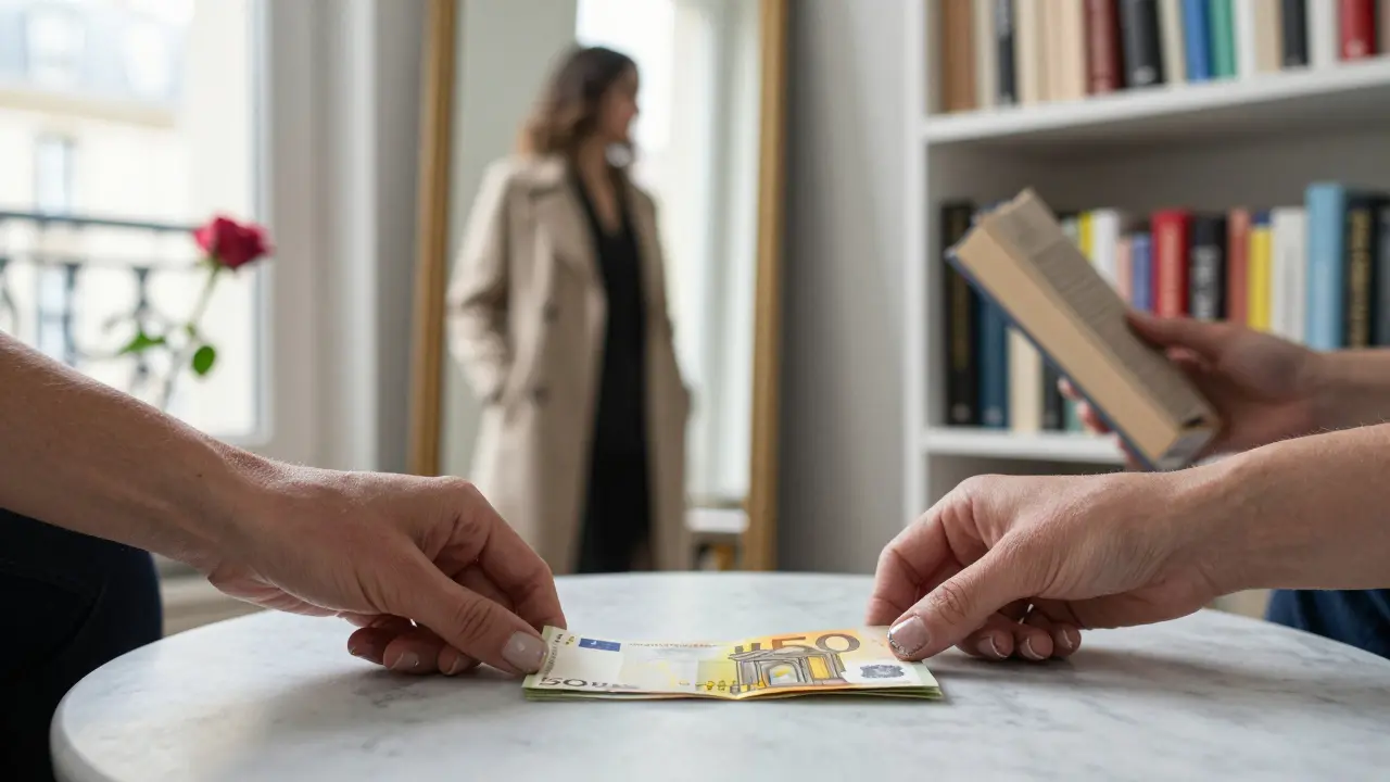 Two hands exchange a book and money in a quiet Paris apartment, one person turning away.