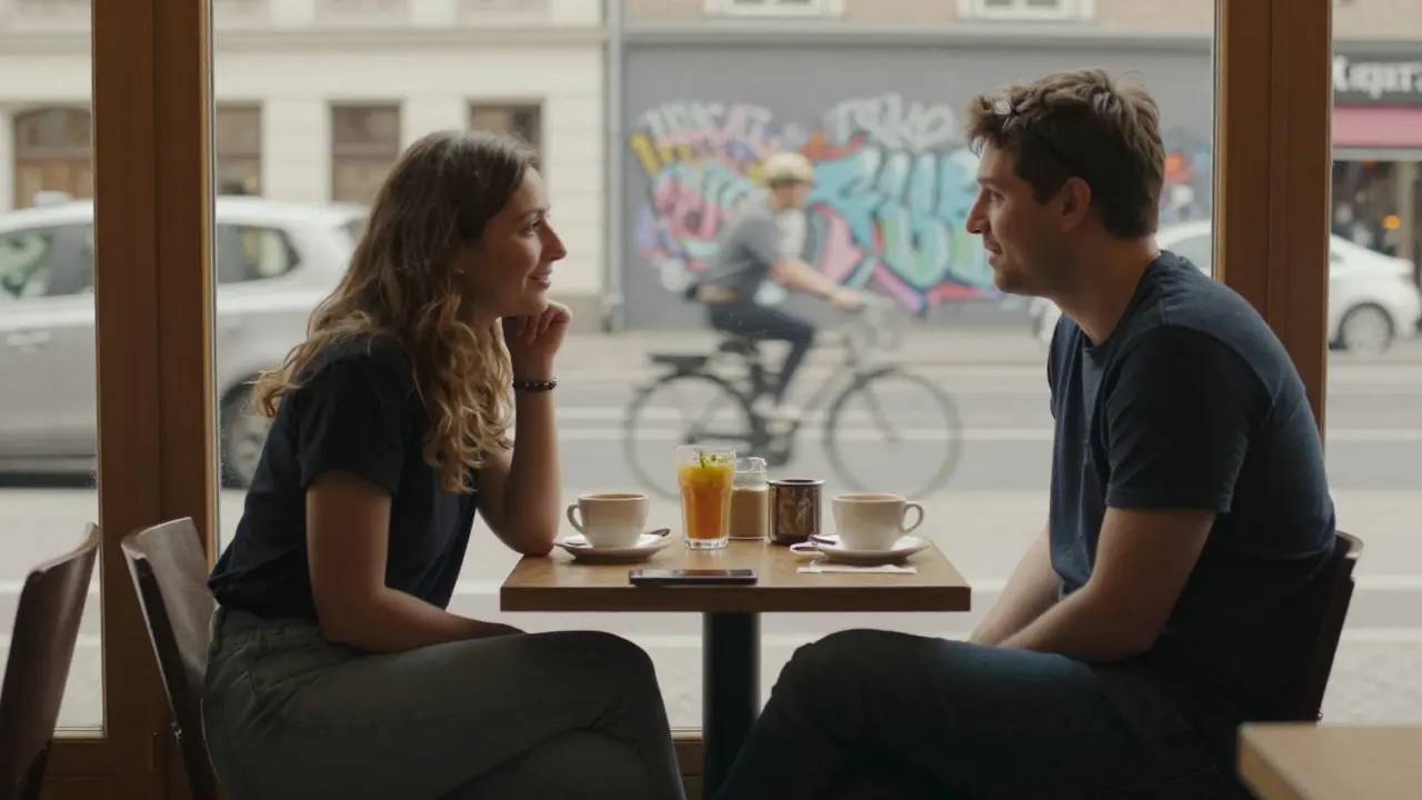 Two people in a Berlin café sharing a quiet, genuine moment with subtle mirroring and natural daylight.