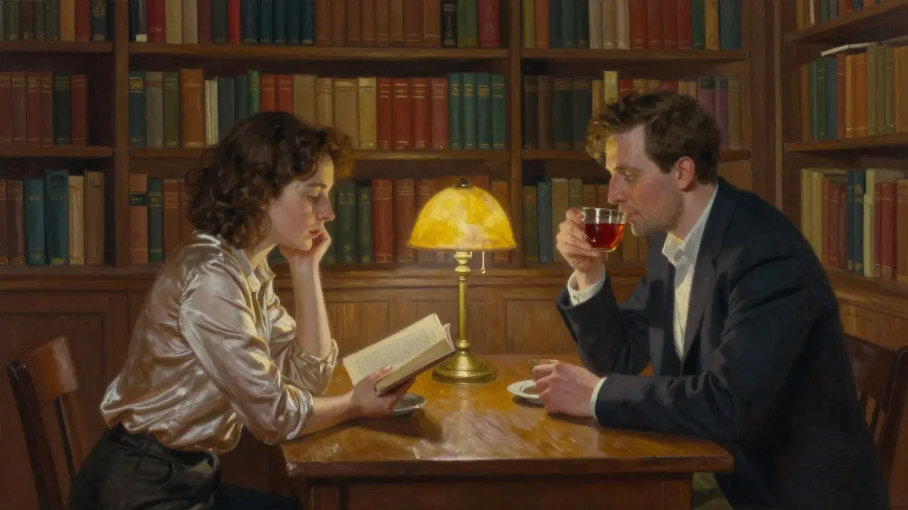 Two people reading and sipping tea in a cozy library, surrounded by books and soft light.
