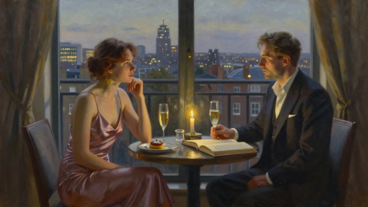 Two people sharing a quiet evening in a penthouse apartment, engaged in thoughtful conversation over champagne and art.