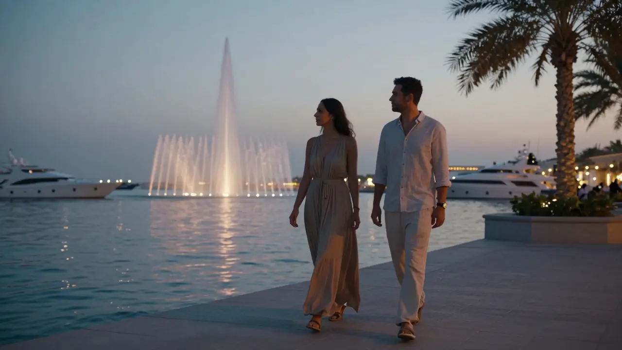 Two people walking peacefully along Dubai Marina at dusk, the fountain glowing in the distance, dressed modestly and respectfully.