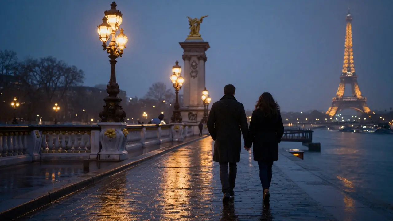 Two silhouettes walk hand-in-hand under golden lampposts on Pont Alexandre III at midnight, reflections glimmering on the Seine.