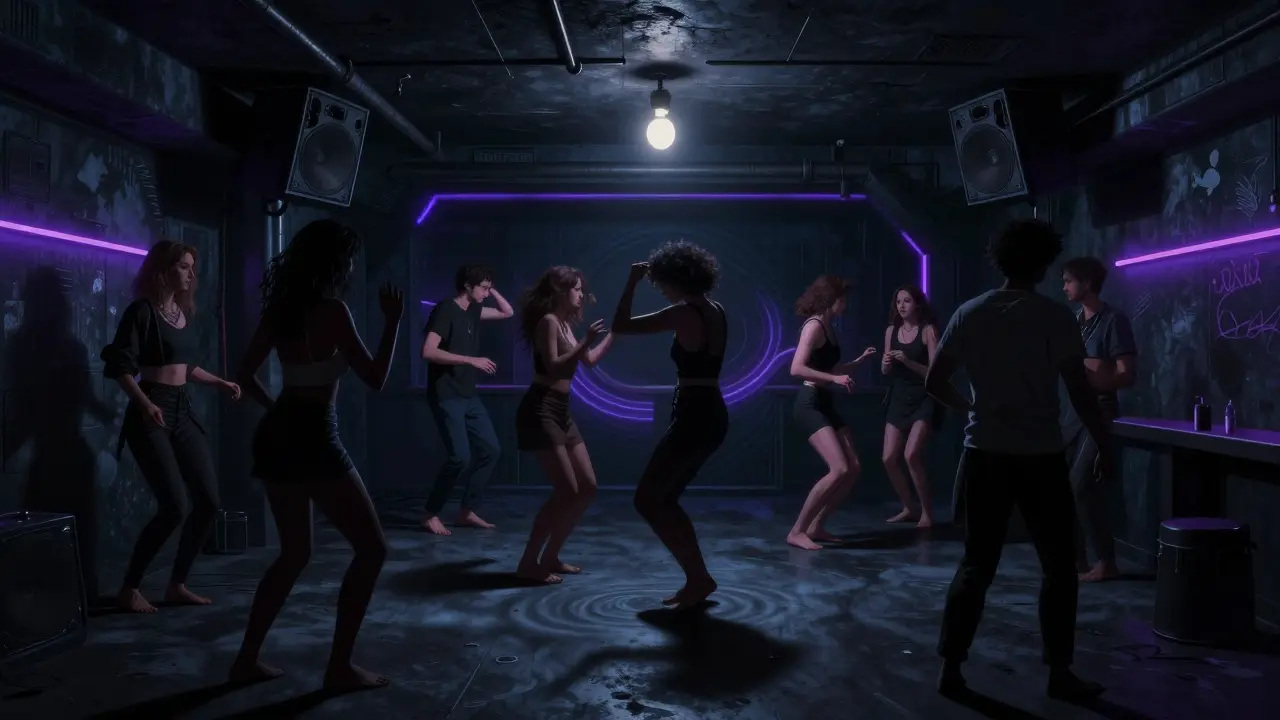 Underground nightclub with dim lighting and dancers moving to pulsing music in a raw, industrial space.