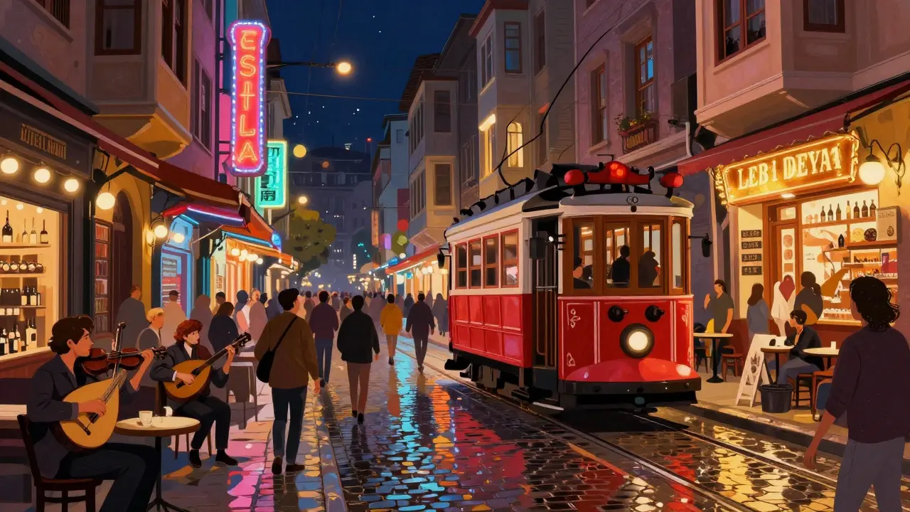 Vibrant night scene on İstiklal Avenue with neon lights, a vintage tram, and bustling crowds.