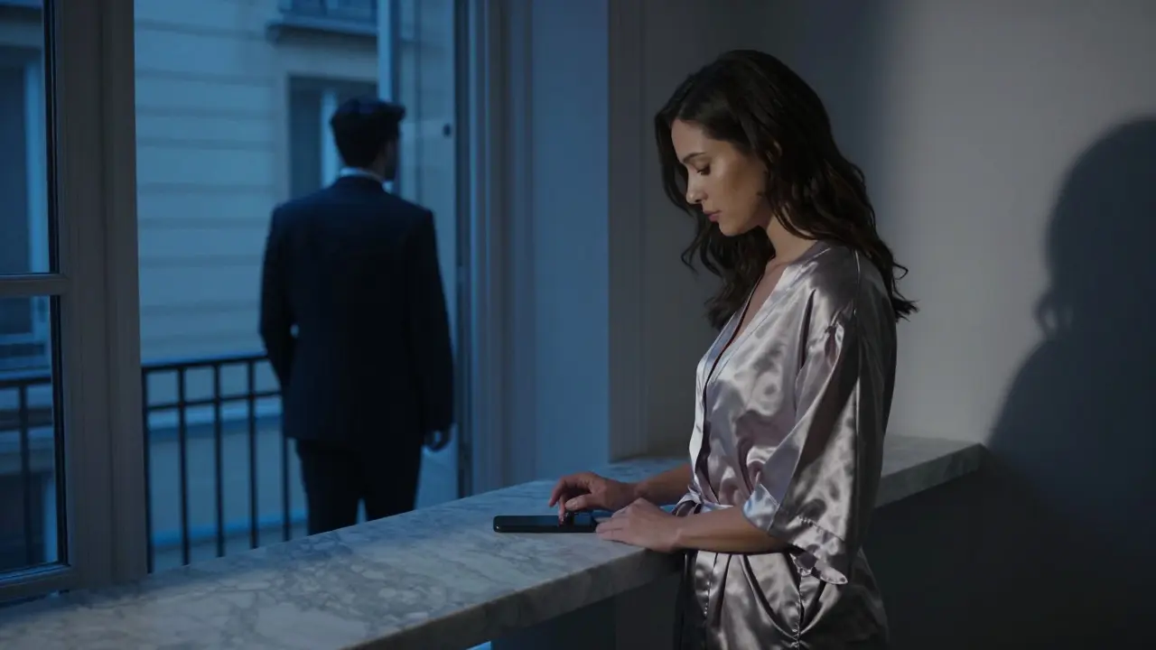 Woman turning off a smartphone in a modern Paris apartment, man leaving through the door.