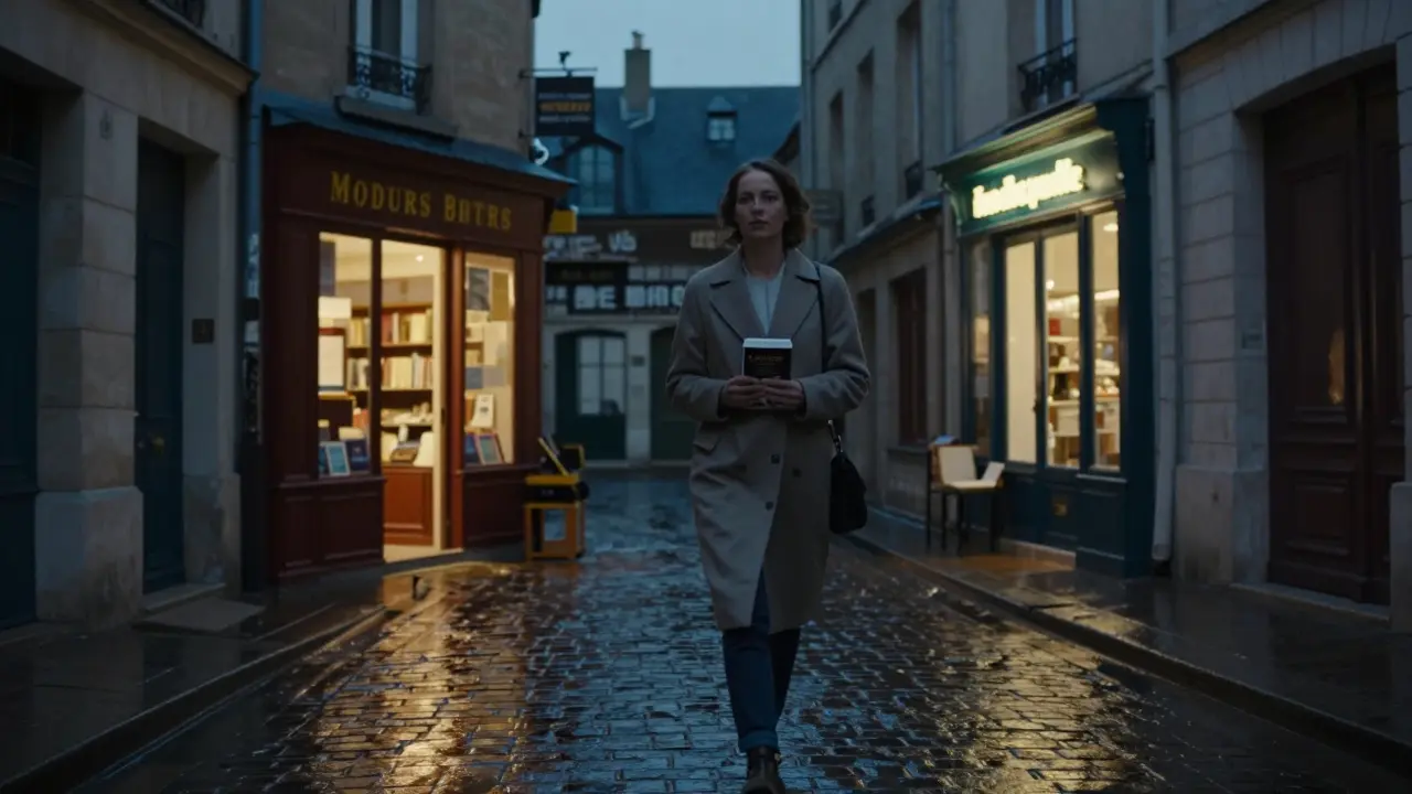 Woman walking through the Marais at dusk, holding a book, passing hidden bookshops under twilight sky.