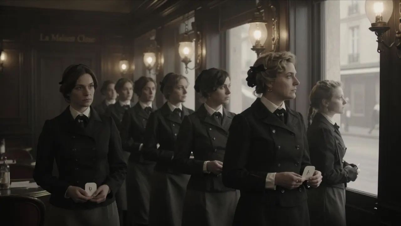 Women in numbered uniforms in a 19th-century licensed brothel, lit by gas lamps under a somber Paris night.