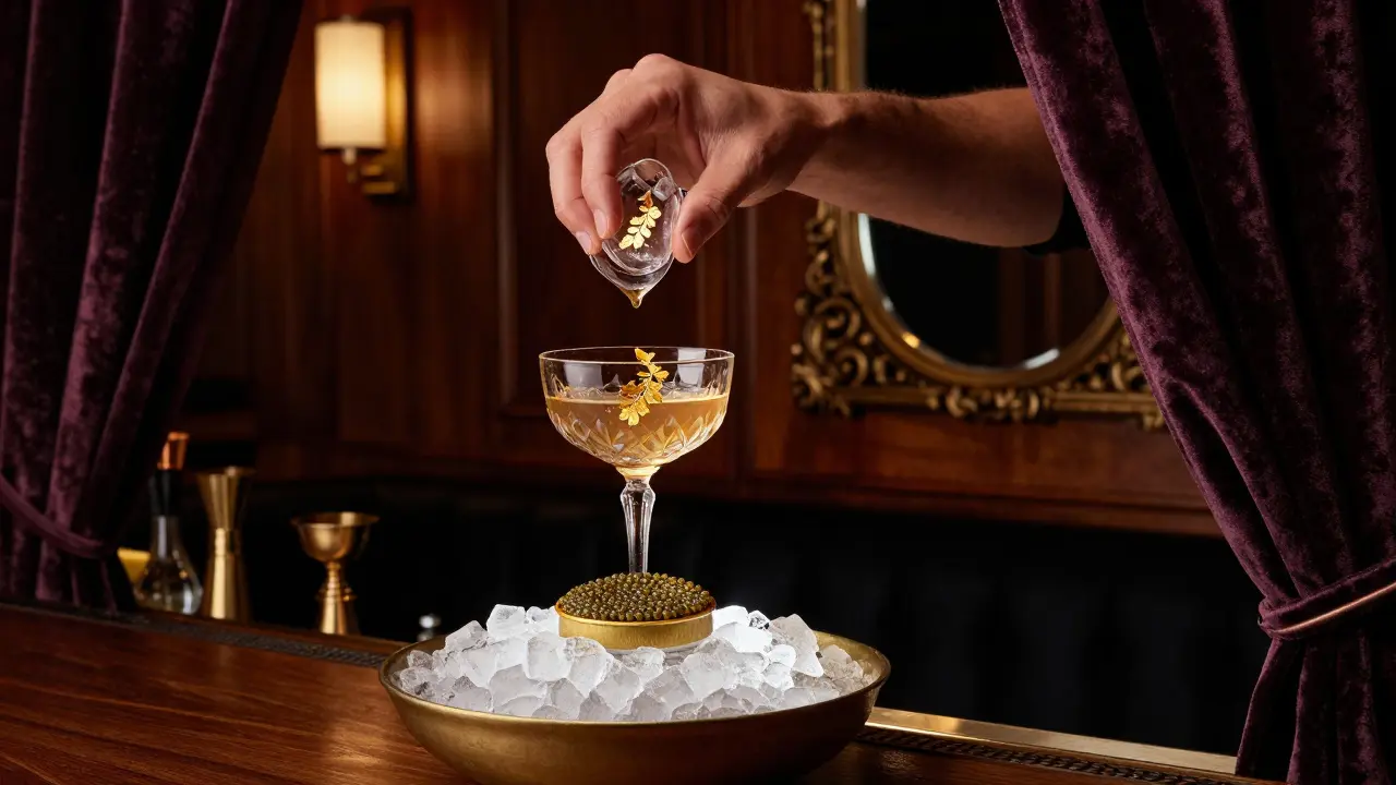 A bartender crafting a smoky cocktail with gold leaf in a dim, luxurious bar.
