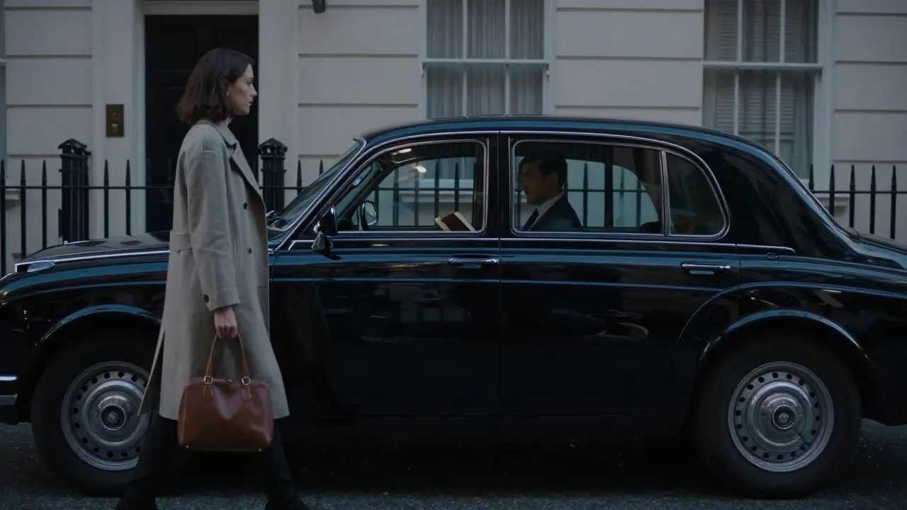 A black car outside a quiet townhouse in Belgravia, a man reading inside, a woman approaching with a small bag, no words exchanged.